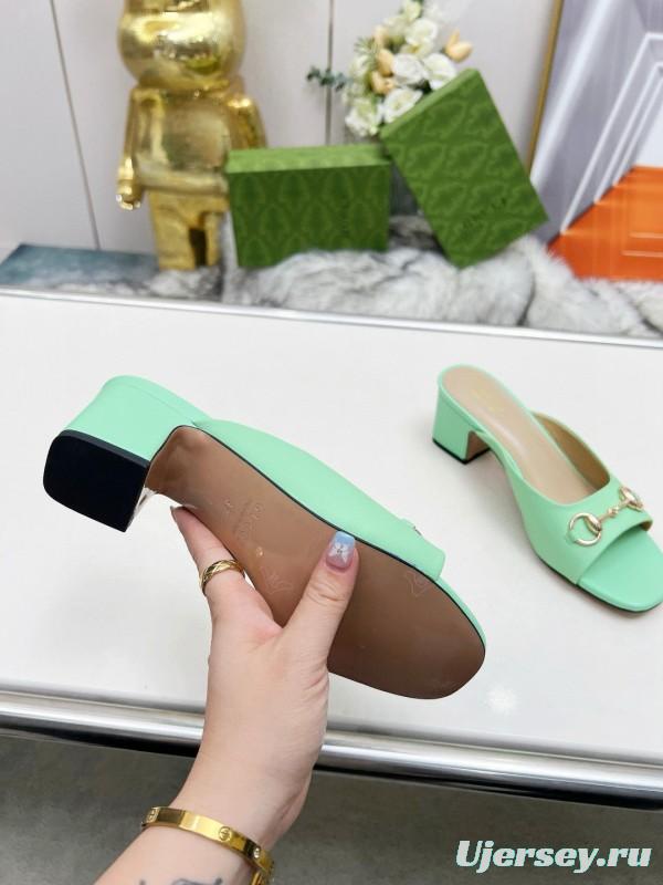 2025 Women Gucci Green Leather Heeled Slippers MJ00180