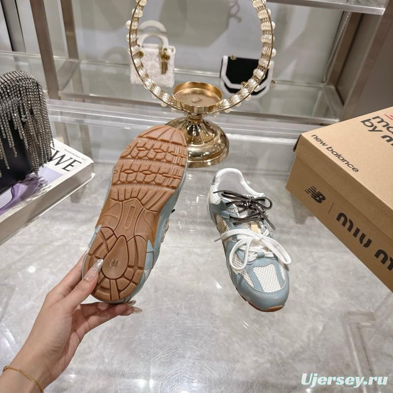 2025 Women Miumiu Light Blue White Leather Mesh Sneakers