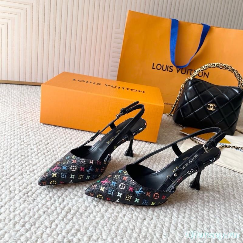2025 Women Louis Vuitton Black Multicolor Canvas Leather Slingback Heels