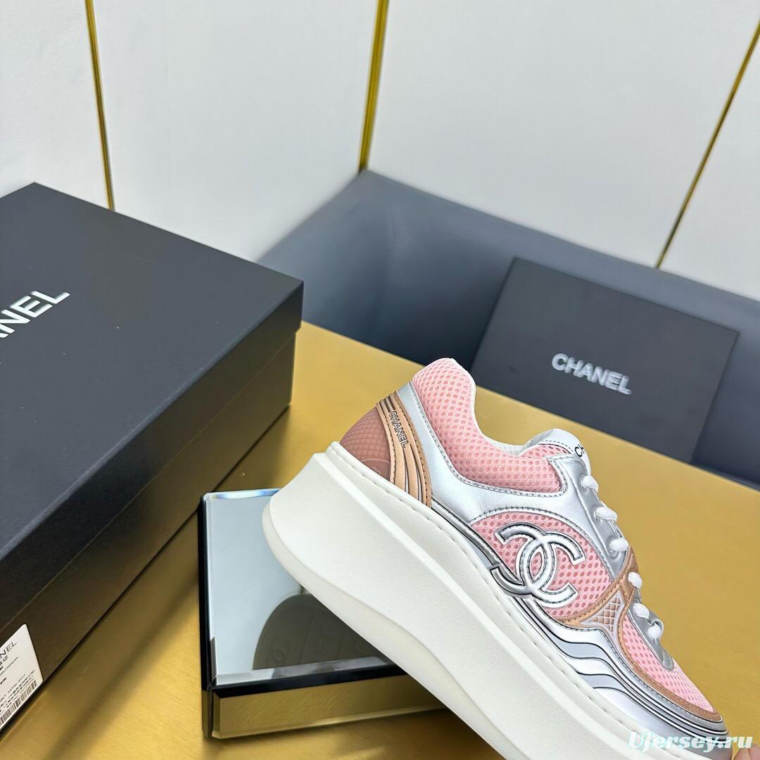 2025 Women Chanel Pink Silver Leather Mesh Sneakers
