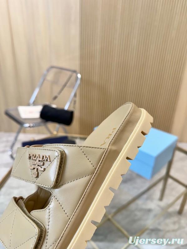 2025 Women Prada Beige Leather Sandals LY00270