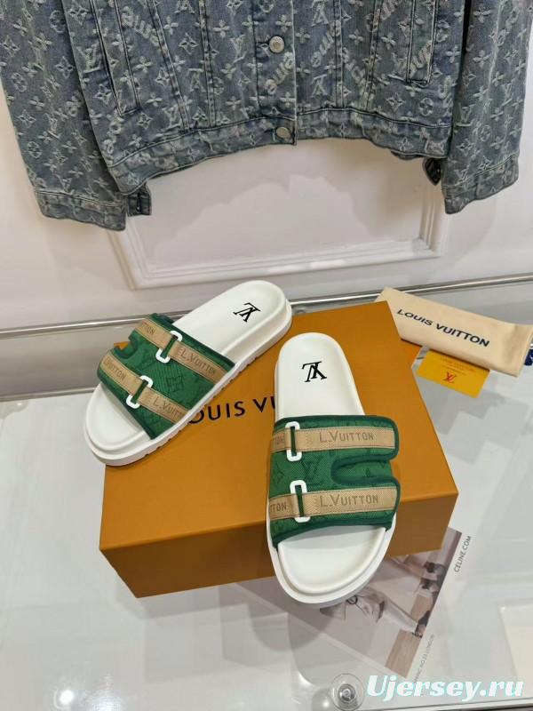 2025 Slippers Louis Vuitton Green White Canvas Slippers LY