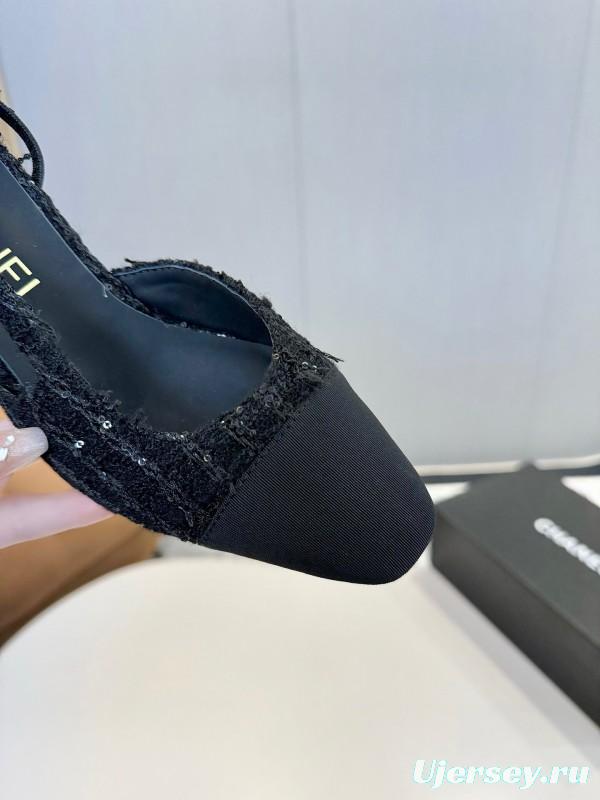 2025 Women Chanel Black Wool Leather Slingback Pumps