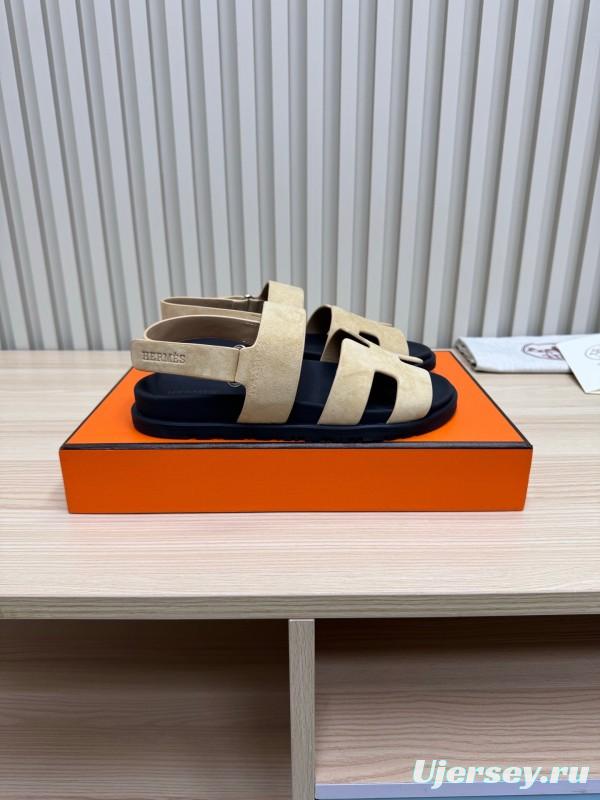 2025 Slippers Hermès Beige Black Suede Leather Sandals
