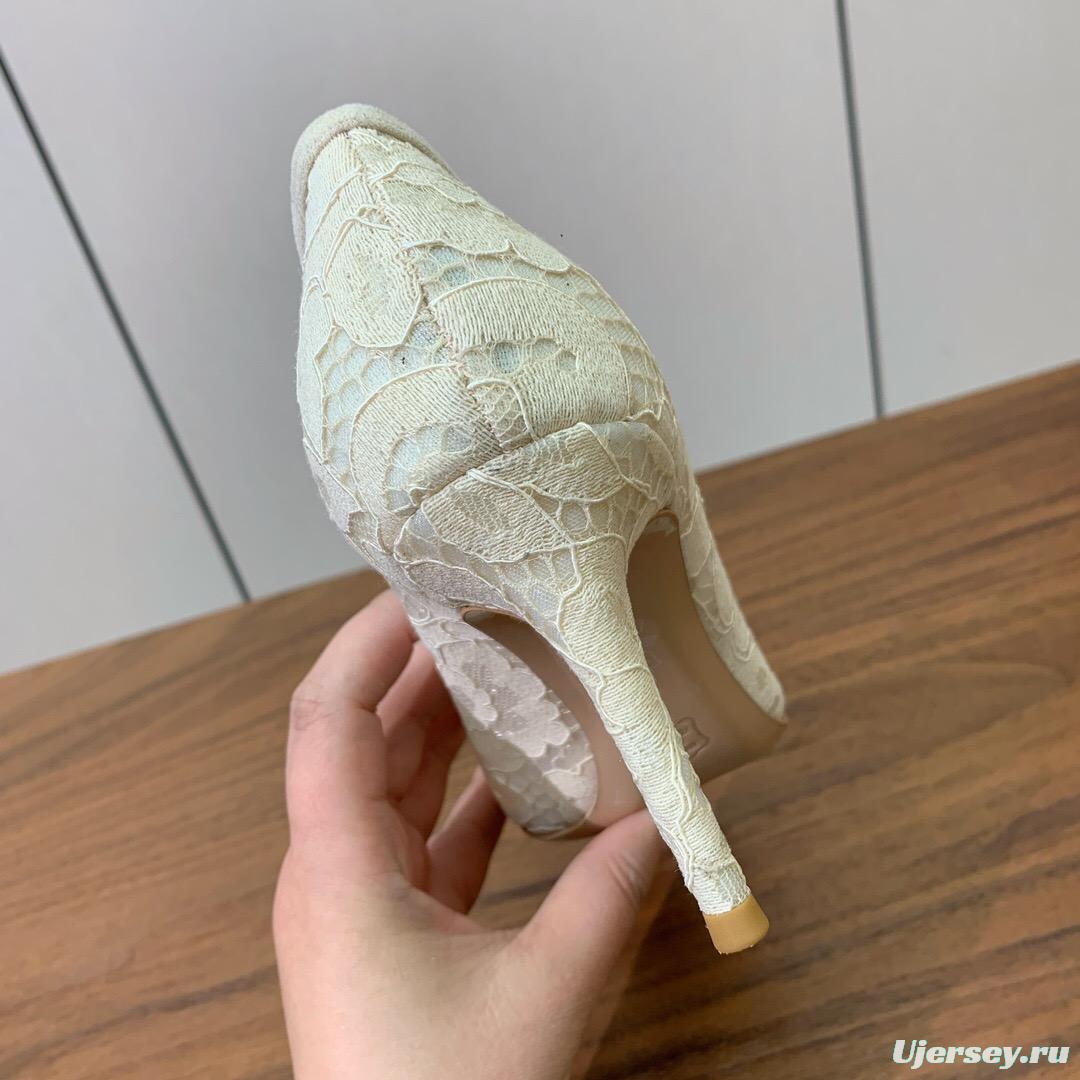 2025 Women Gianvito Rossi White Lace Leather Pumps KFY00280