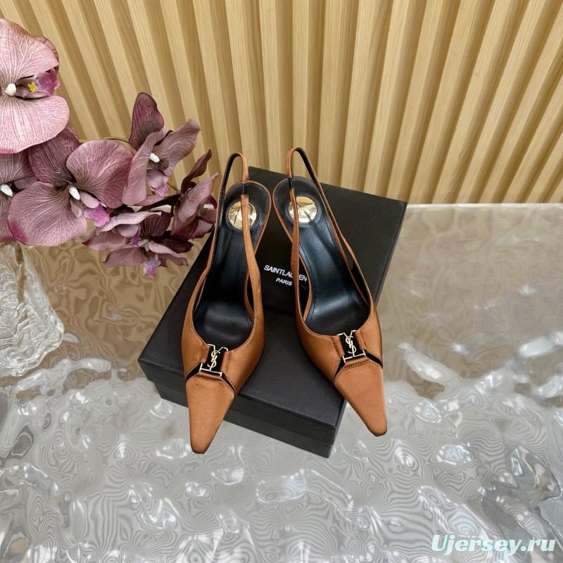 2025 Women Yves Saint Laurent Brown Leather Slingback Pumps MJ00300