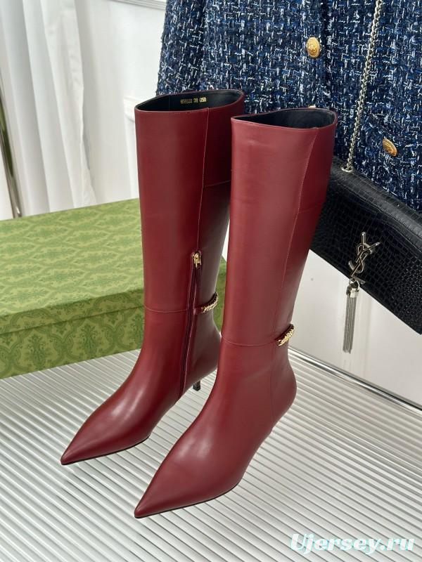 2024 Women Gucci Wine Leather Knee High Boots Chain Link MJ00550