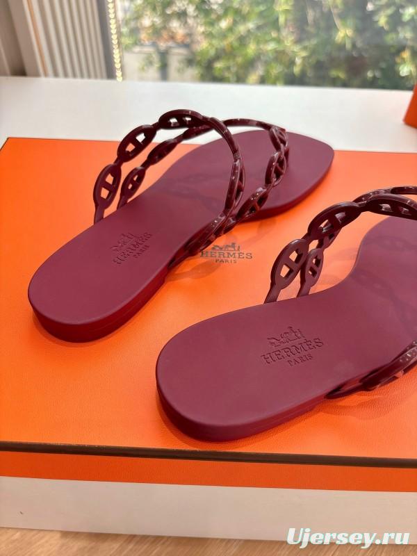2025 Women Hermès Burgundy Leather Chain Strap Sandals G059 (F)