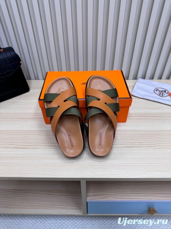 2025 Slippers Hermès Brown Green Leather Fabric Slippers