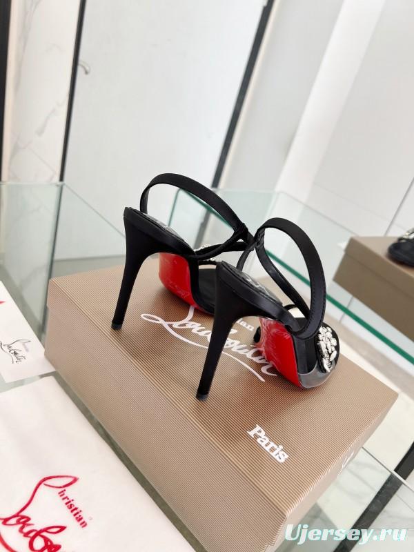 2025 Women ChristianLouboutin Black Satin High Heel Sandals Crystal Embellishment LY00300