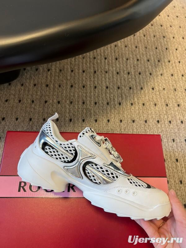 2025 Women Roger Vivier White Black Leather Synthetic Fabric Sneakers KFY00380