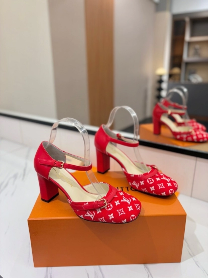 2025 Women Louis Vuitton Red Canvas Leather Heels KFY00310