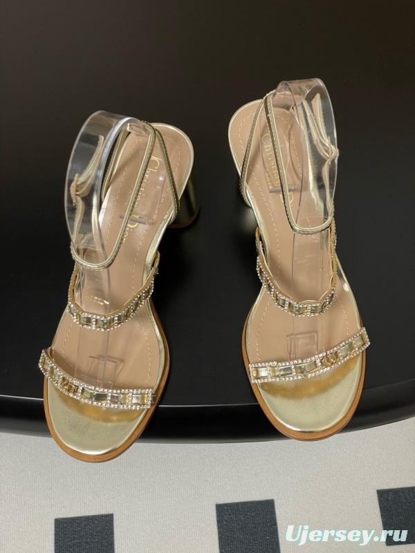 2025 Women Dior Gold Leather Crystal Block Heel Sandals
