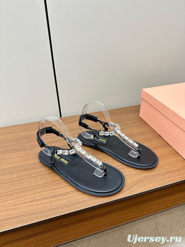 2025 Women Miu Miu Black Leather Rhinestone Sandals LY