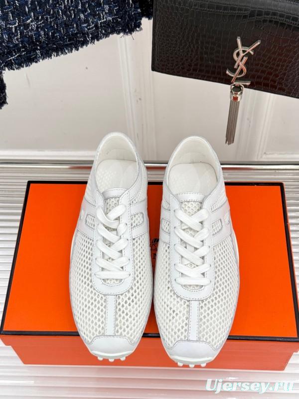 2025 Women Hermès White Mesh Leather Sneakers