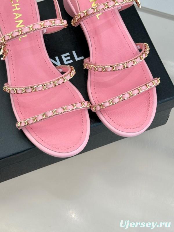 2025 Women Chanel Pink Leather Chain Strap Sandals