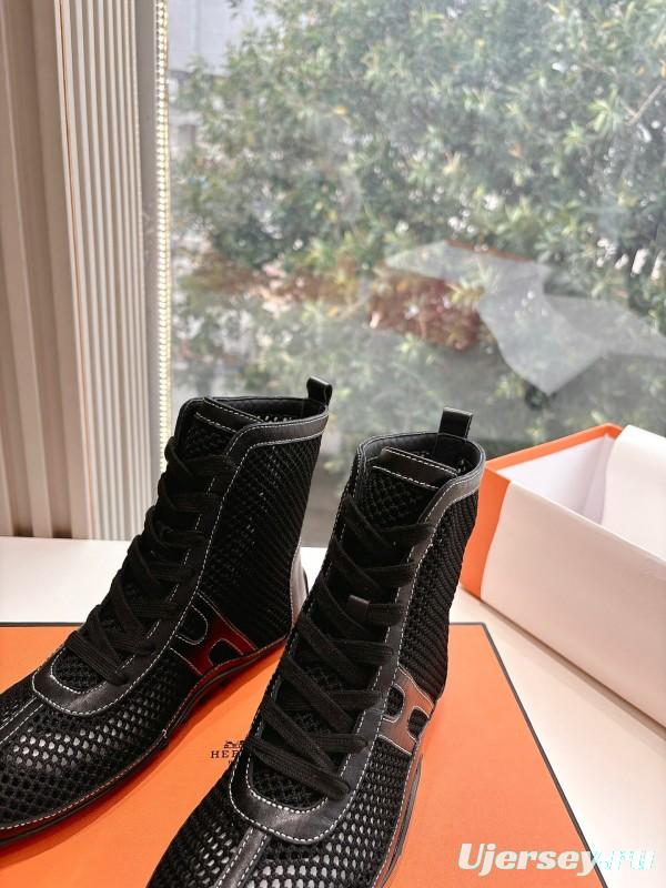 2025 Women Hermès Black Mesh Leather Boots