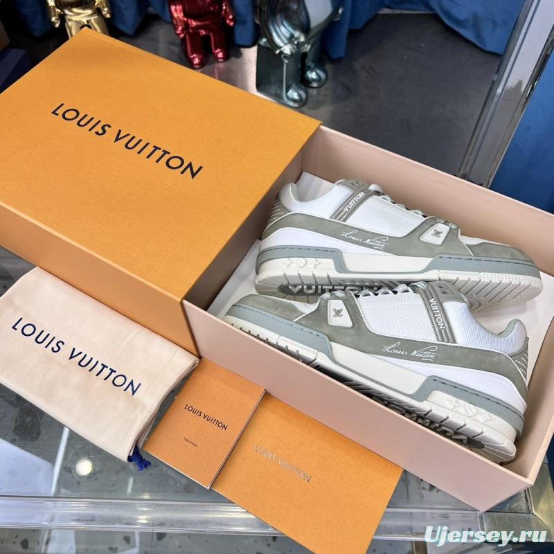2025 Unisex Louis Vuitton White Grey Leather LV Trainer