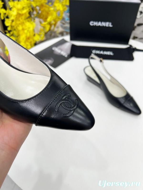 2025 Women Chanel Black Leather Slingback Flats