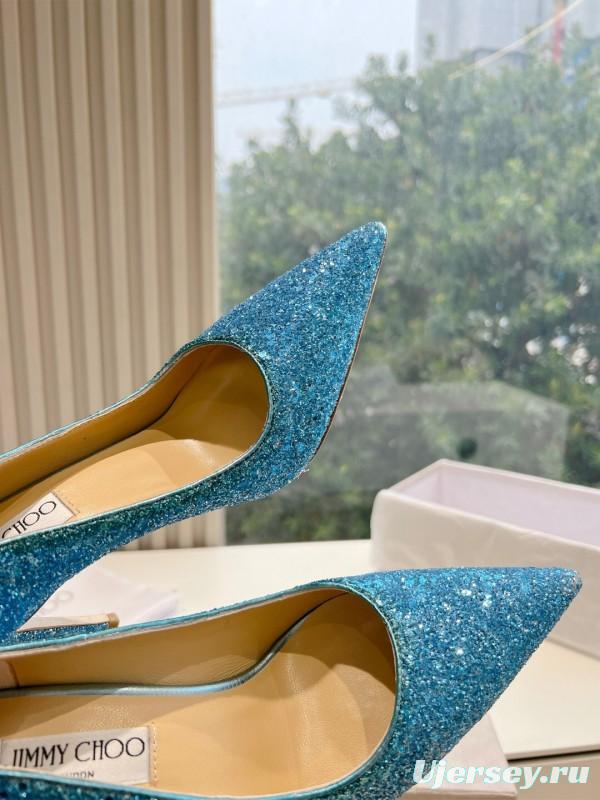 2025 Women Jimmy Choo Blue Glitter Leather Pumps