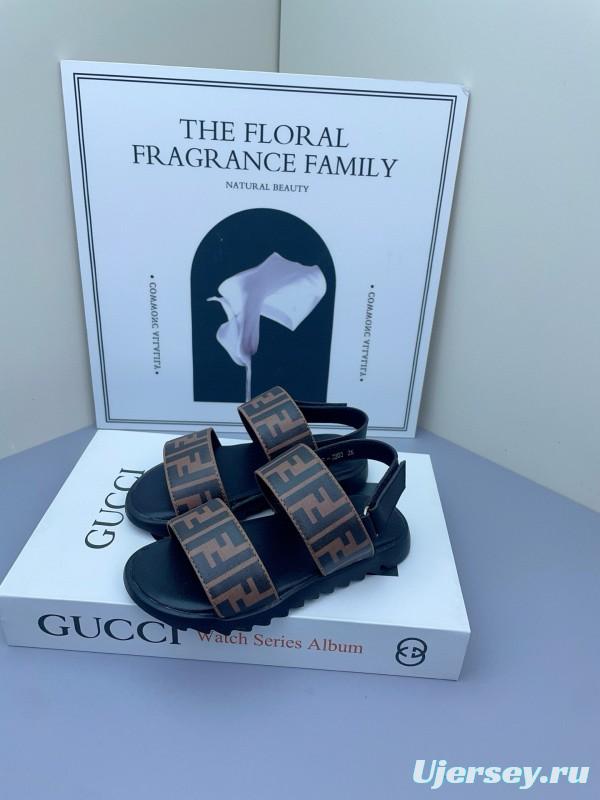 2025 Kids Fendi Brown Black Leather Sandals