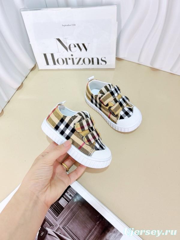 2024 Kids Burberry Beige Black Canvas Leather Sneakers