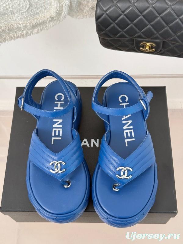 2025 Women Chanel Blue Leather Platform Sandals