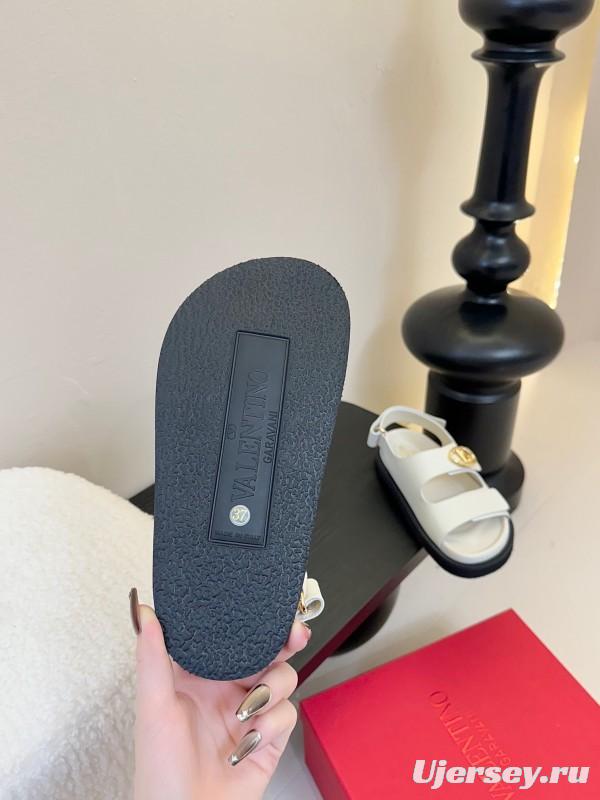 2025 Women Valentino White Leather Sandals V Buckle KFY00320