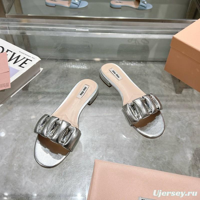 2025 Women Miumiu Silver Metallic Leather Slippers