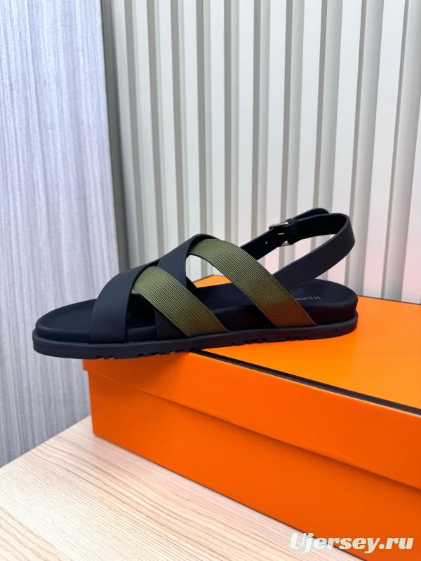 2025 Women Hermès Black Green Leather Nylon Sandals LY00270