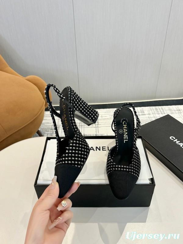 2025 Women Chanel Black White Tweed Leather Slingback Pumps