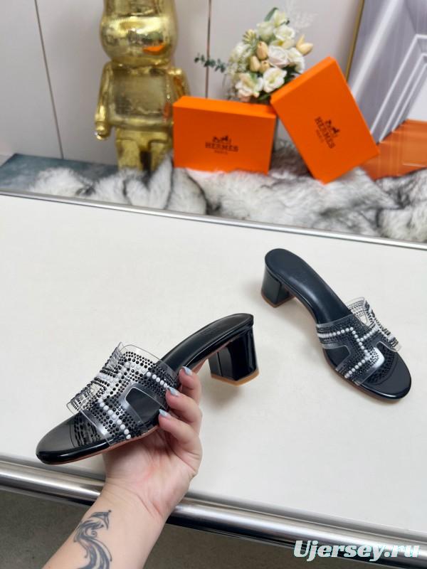 2025 Women Hermès Black Leather Slippers H Pattern MJ00180