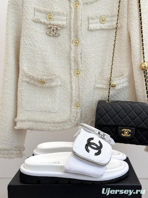 2025 CHANEL White Canvas Slippers KFY00220