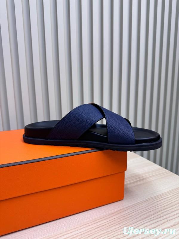 2025 Slippers Hermès Navy Orange Leather Cross Strap