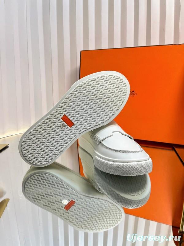 2025 Unisex Hermès White Leather Fabric Loafers LY00310(F)/LY00320(M)