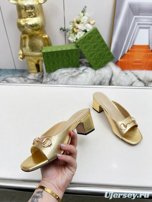 2025 Women Gucci Gold Leather Heeled Slip-On Horsebit MJ00180