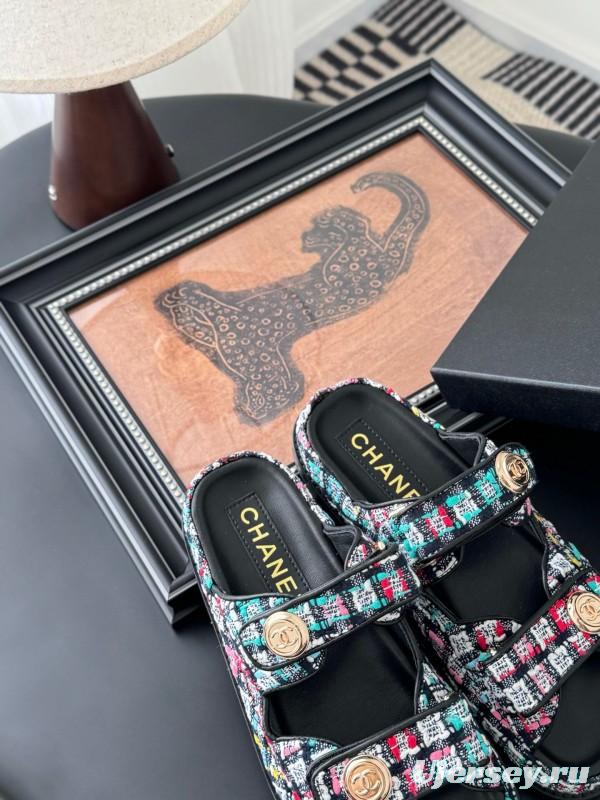 2025 Women Chanel Multi Color Fabric Leather Sandals LY00310