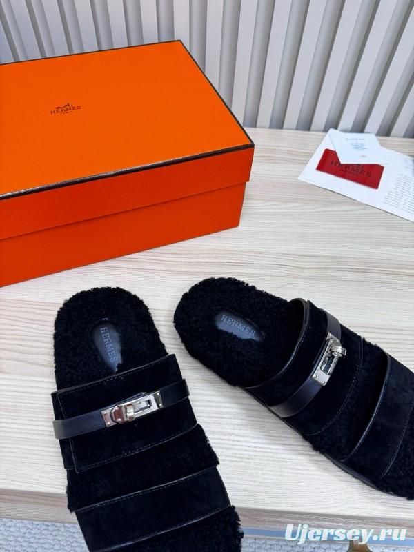 2024 Slippers Hermès Black Sheepskin Slippers MJ00300
