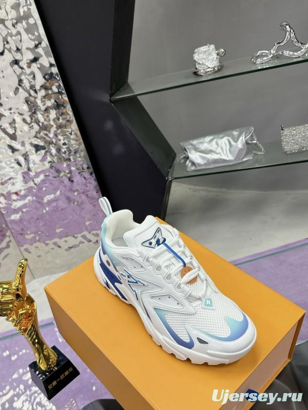 2025 Men Louis Vuitton Blue White Mesh Leather Sneakers MJ00420