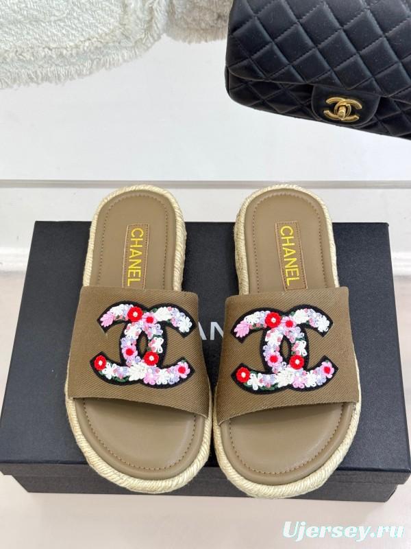2025 Women Chanel Khaki Embroidered Lambskin Slippers KFY00230