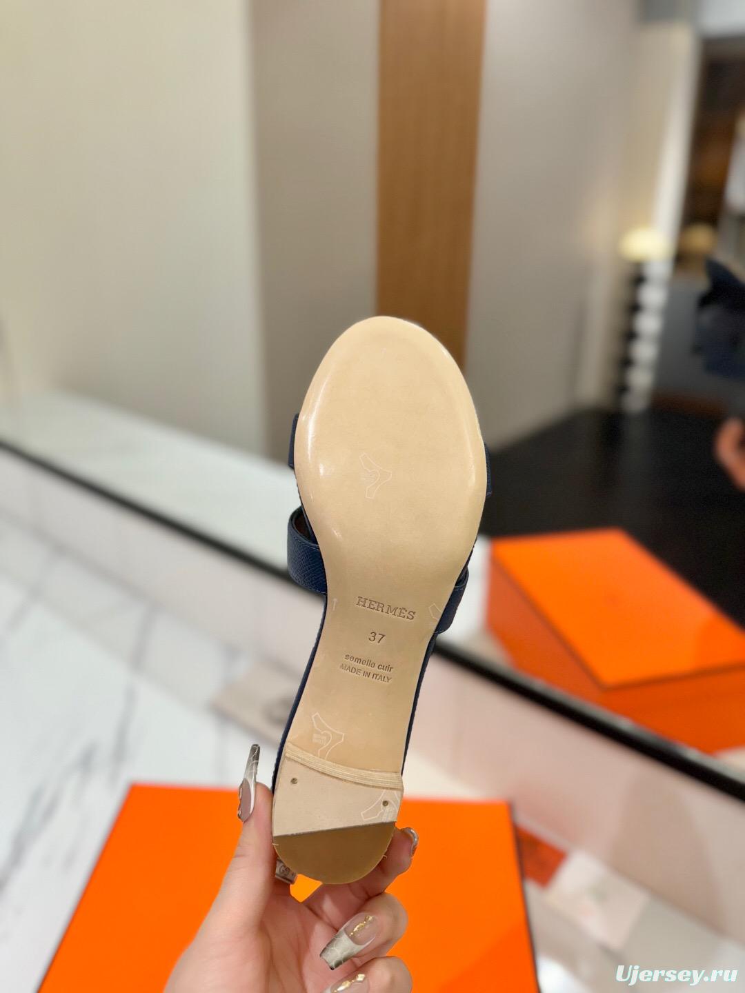 2025 Women Hermès Navy Leather Heeled Sandals