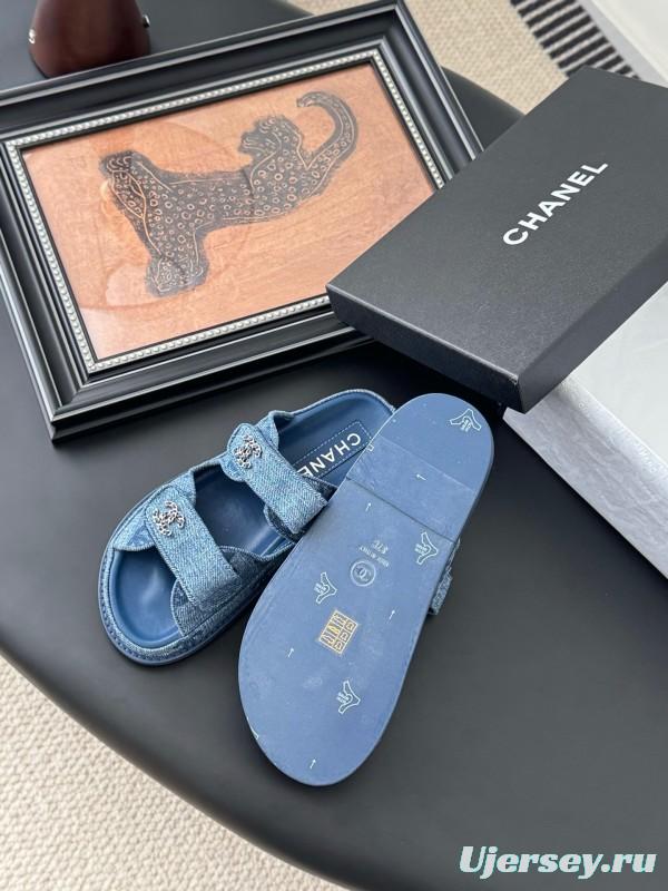 2025 Women Chanel Blue Denim Leather Slippers LY00310