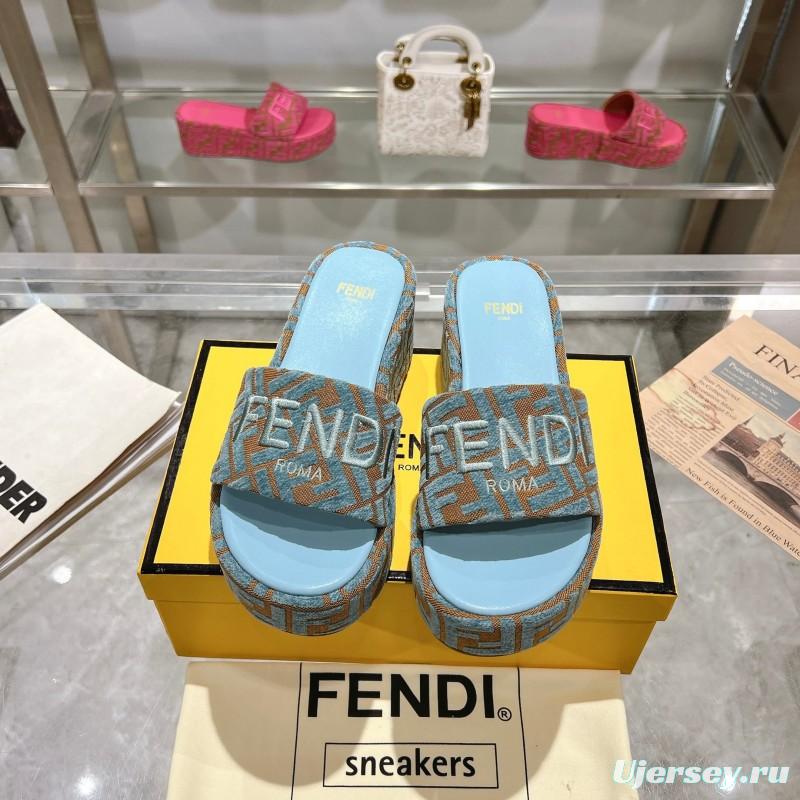 2025 Slippers Fendi Blue Brown Canvas FF Jacquard Platform FJ00321