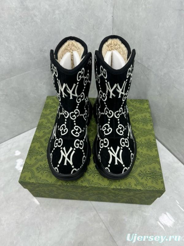 2024 Women Gucci Black White Suede Snow Boots GG NY Embroidery MJ00370
