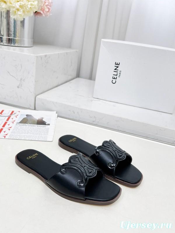 2025 Women Celine Black Leather Slippers LY00190