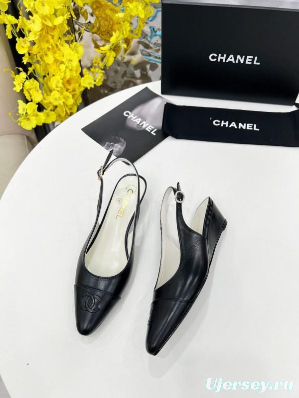 2025 Women Chanel Black Leather Slingback Flats