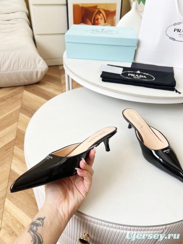 2025 Women Prada Black Patent Leather Heeled Slippers LY