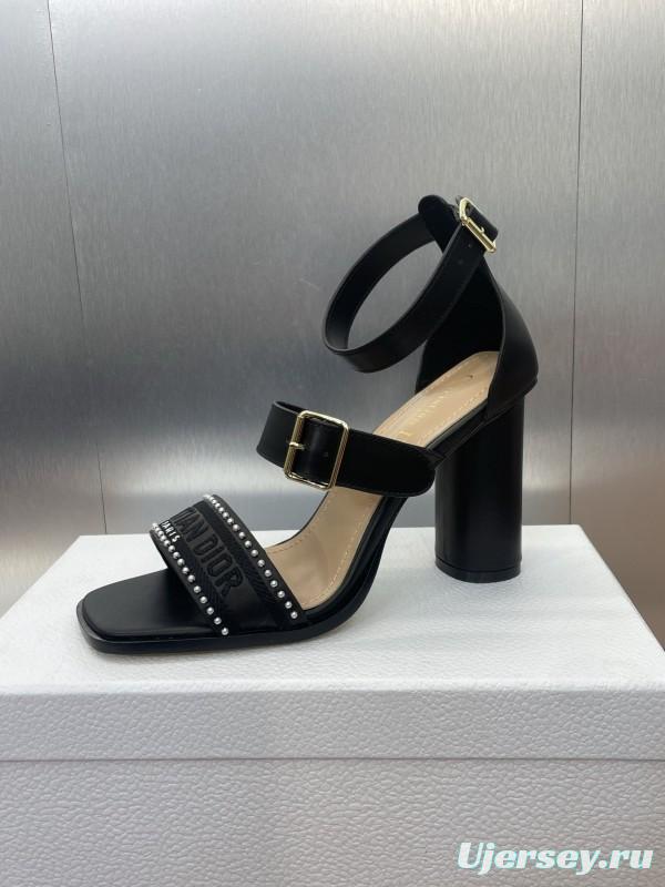 2025 Women Dior Black Leather High Heel Sandals Studded KFY00320