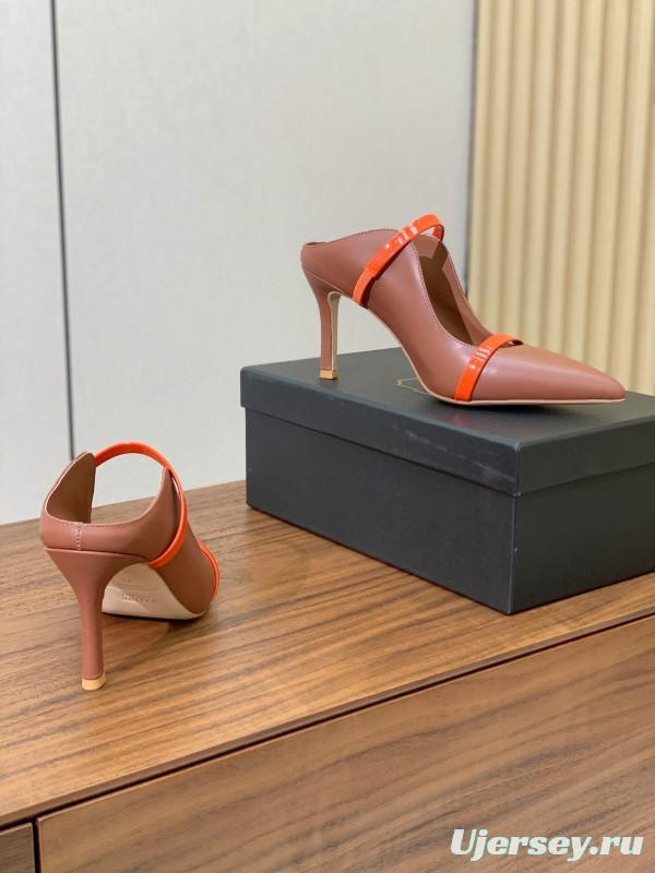2025 Women Malone Souliers Brown Orange Leather Patent Leather Mid Heel Pumps