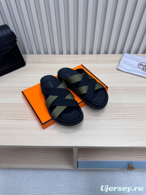 2025 Men Hermès Black Green Fabric Leather Slippers